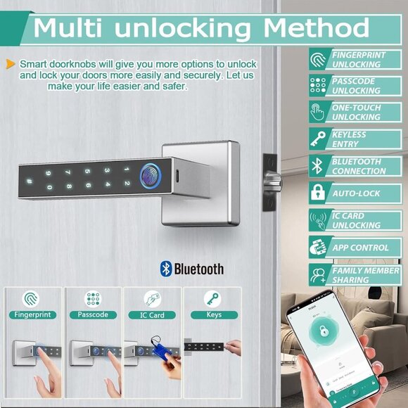 Fingerprint Door Lock Keyless Entry Door Lock with Handle, Smart Bluetooth - Picture 3 of 9